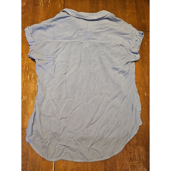 Size Small Cosmic Blue Love Button Down Tshirt Blouse Blue and White Collared - Picture 2 of 3